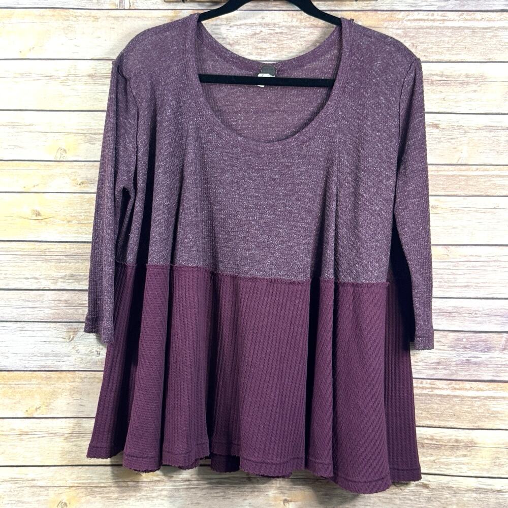 We The Free Womens 3/4 Sleeve Maroon Waffle Knit Thermal Babydoll Top P/S